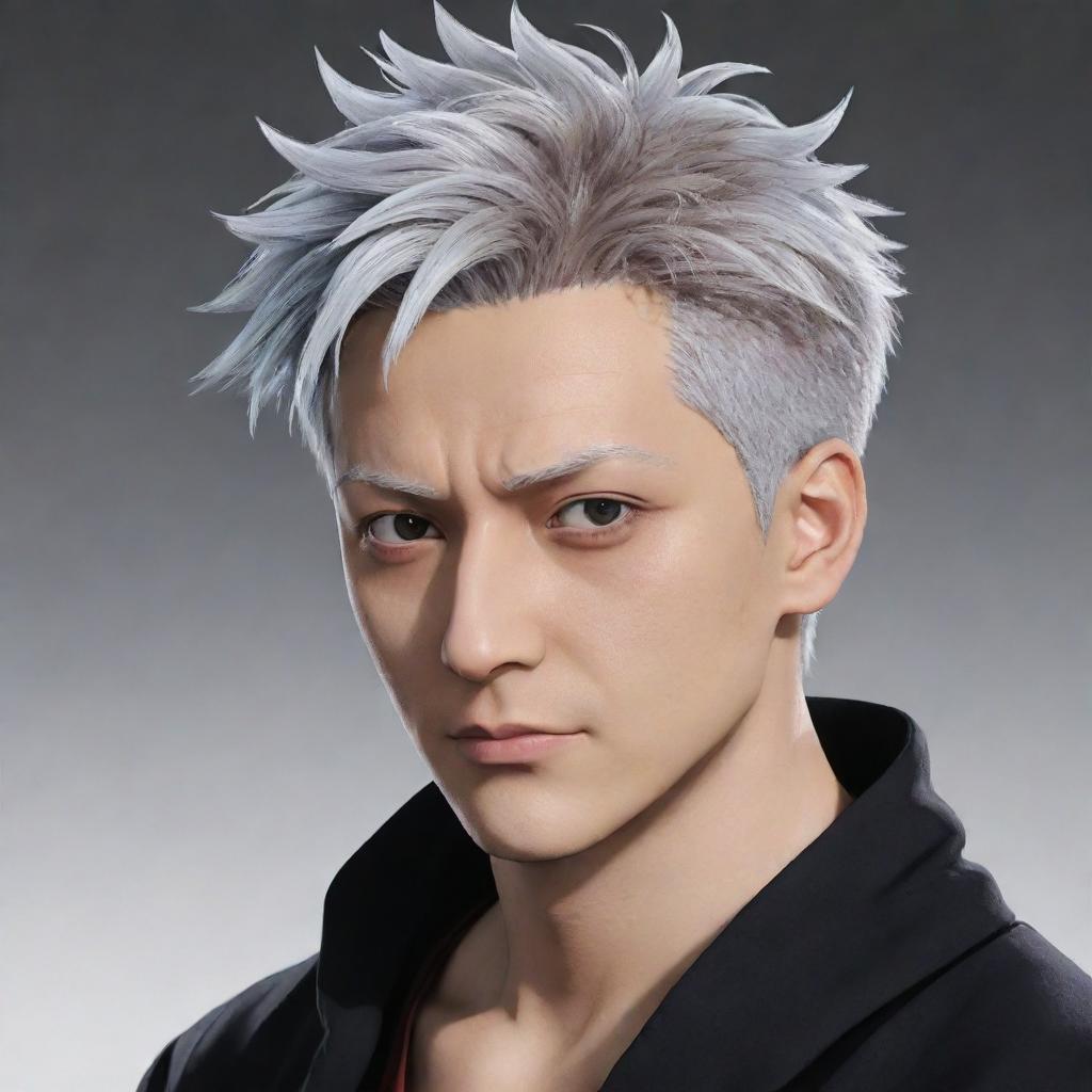 Create a character image inspired by Gojo from Jujutsu Kaisen, but with a twist: instead of white hair, give him shiny, flowing brown hair.