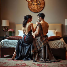 A stunning Thai teacher with an attractive figure, elegantly dressed in a backless saree paired with stylish high heels, seated on a luxurious bed with a mature young adult male student