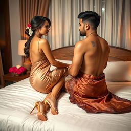 A stunning Thai teacher with an attractive figure, elegantly dressed in a backless saree paired with stylish high heels, seated on a luxurious bed with a mature young adult male student