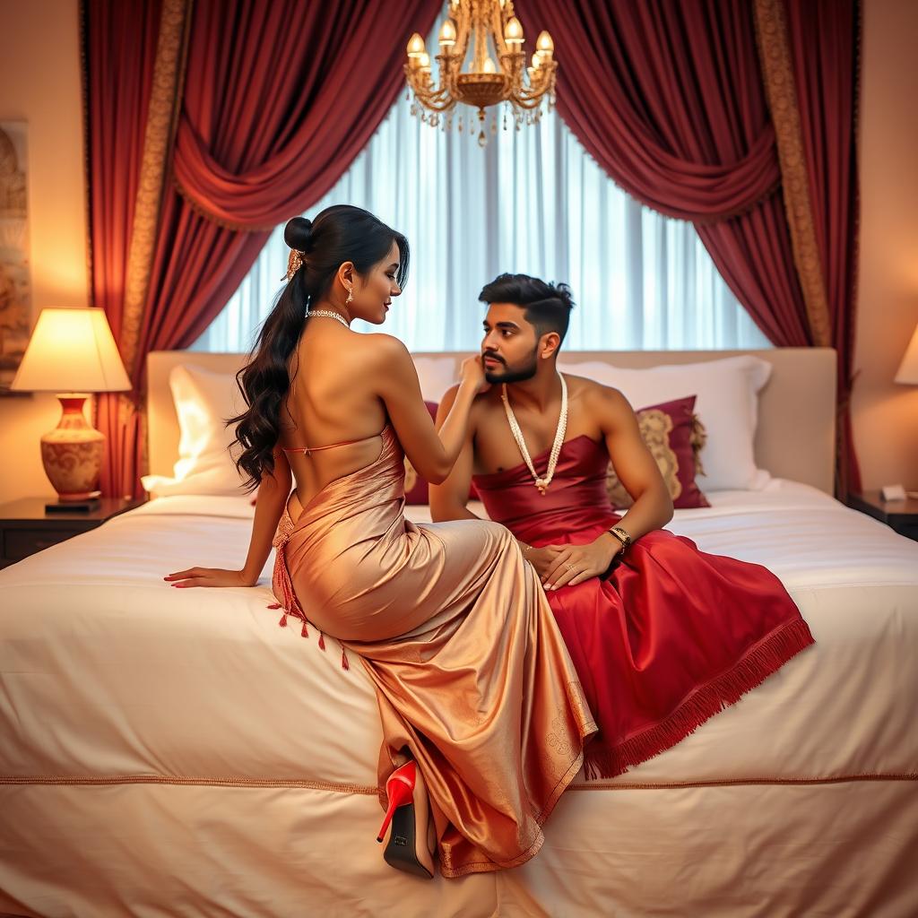 A stunning Thai teacher with an attractive figure, elegantly dressed in a backless saree and wearing high heels, sitting on a luxurious bed with a mature young adult male student