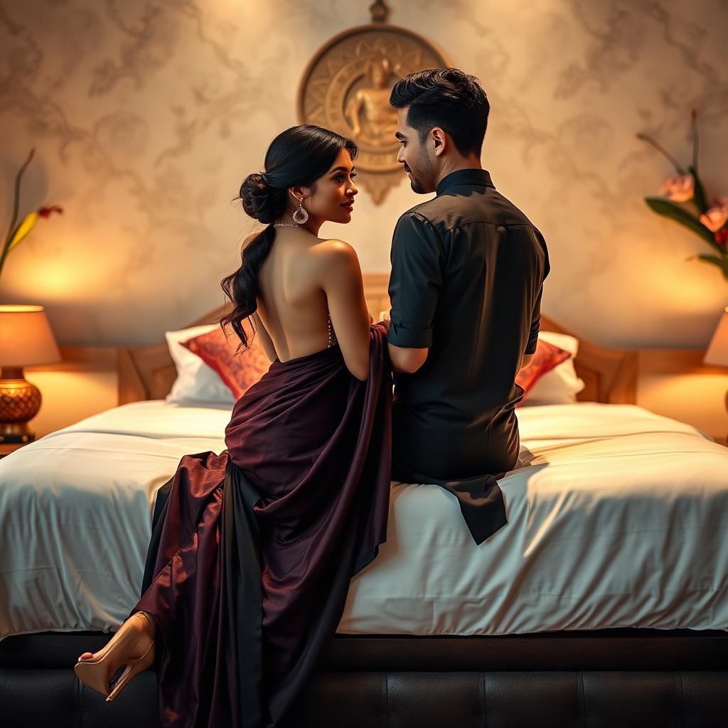 A stunning Thai teacher with an attractive figure, elegantly dressed in a backless saree and wearing high heels, sitting on a luxurious bed with a mature young adult male student