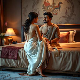 A stunning Thai teacher with an attractive figure, elegantly dressed in a backless saree and wearing high heels, sitting on a luxurious bed with a mature young adult male student