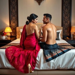 A stunning Thai teacher with an attractive figure, elegantly dressed in a backless saree and wearing high heels, sitting on a luxurious bed with a mature young adult male student