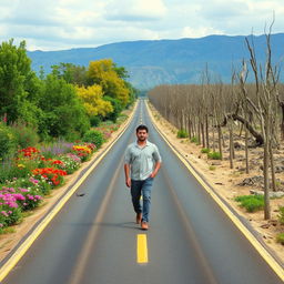 A long road with one side filled with vibrant flowers, lush trees, and abundant wildlife, while the other side is dry and barren with dead vegetation