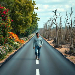 A long road with one side filled with vibrant flowers, lush trees, and abundant wildlife, while the other side is dry and barren with dead vegetation