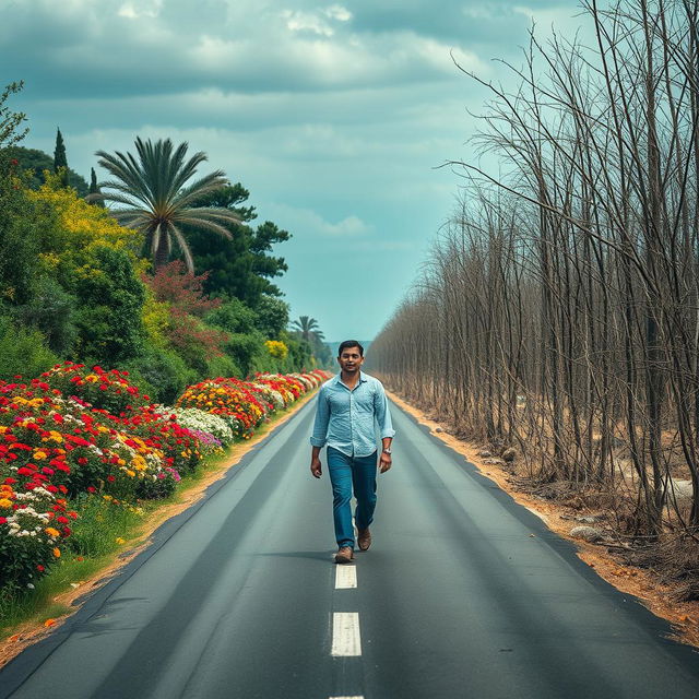 A long road with one side filled with vibrant flowers, lush trees, and abundant wildlife, while the other side is dry and barren with dead vegetation