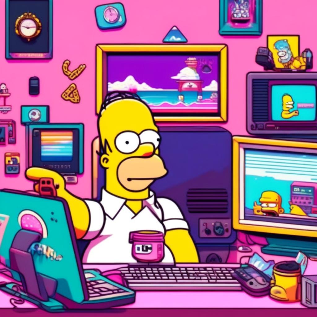 Vaporwave-styled Homer Simpson with glitching features, surrounded by internet culture symbols and memes in a retro cartoon frame.