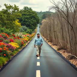 A long road with one side filled with vibrant flowers, lush trees, and abundant wildlife, while the other side is dry and barren with dead vegetation