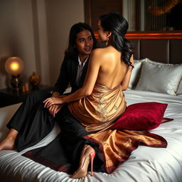 A stunning Thai teacher with an attractive figure, elegantly dressed in a backless saree and stylish high heels, seated on a luxurious bed in a romantic setting with a mature young adult male student