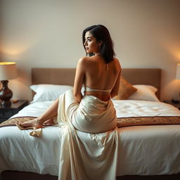 A stunning Thai teacher with an attractive figure, elegantly dressed in a backless saree and stylish high heels, seated on a luxurious bed in a romantic setting with a mature young adult male student