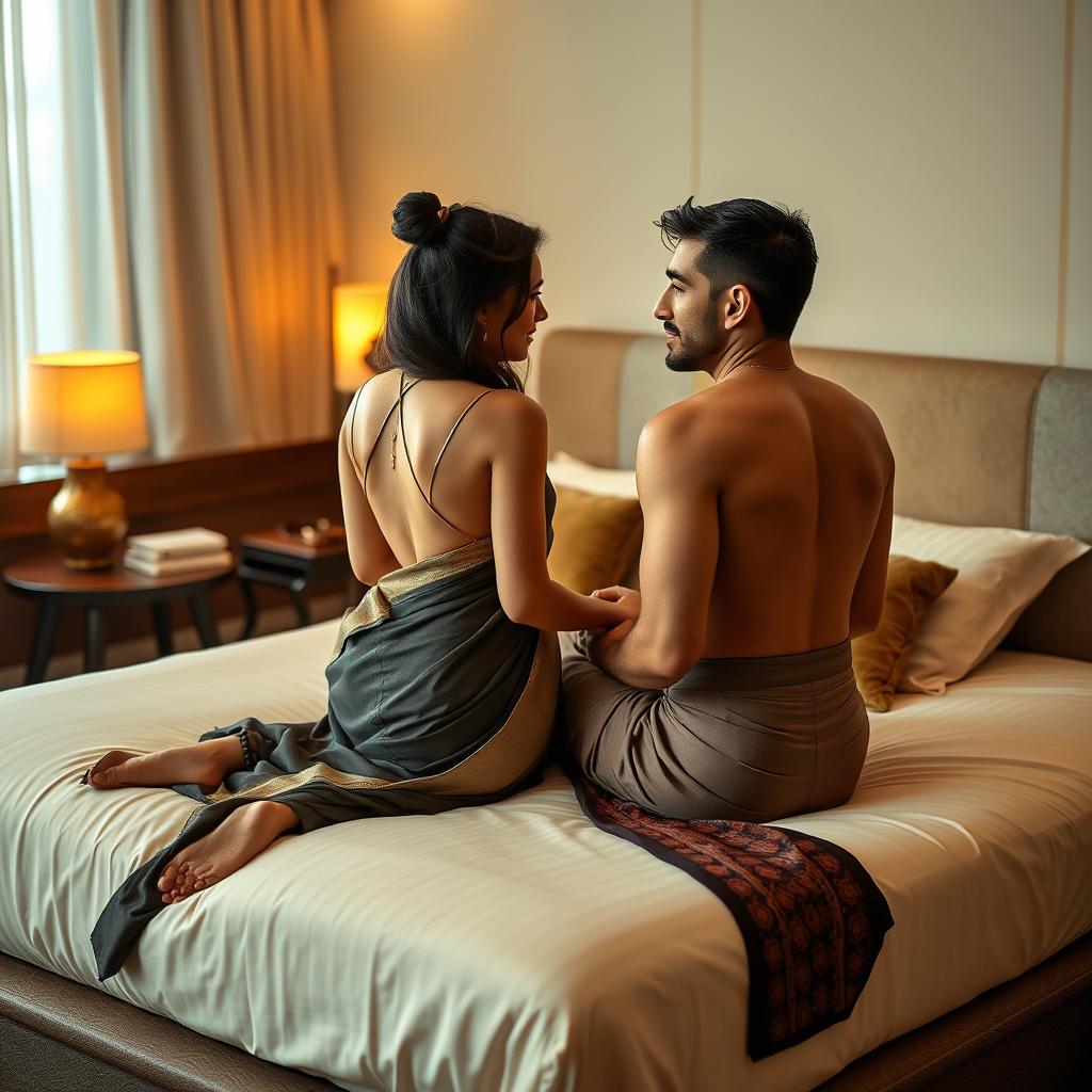 A stunning Thai teacher with an attractive figure, elegantly dressed in a backless saree and stylish high heels, seated on a luxurious bed in a romantic setting with a mature young adult male student