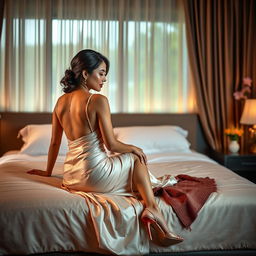 A stunning Thai teacher with an attractive figure, elegantly dressed in a backless saree and stylish high heels, seated on a luxurious bed in a romantic setting with a mature young adult male student