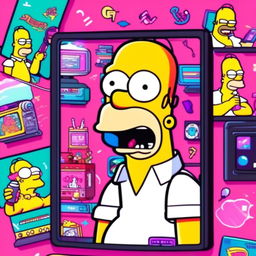 Vaporwave-styled Homer Simpson with glitching features, surrounded by internet culture symbols and memes in a retro cartoon frame.