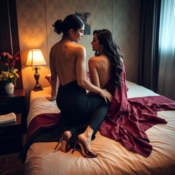 A beautiful and sexy Thai teacher with an alluring figure, dressed in a backless saree and high heels, seated on a luxurious bed romantically with her mature young adult male student