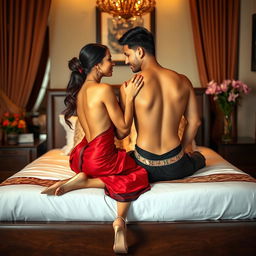 A beautiful and sexy Thai teacher with an alluring figure, dressed in a backless saree and high heels, seated on a luxurious bed romantically with her mature young adult male student