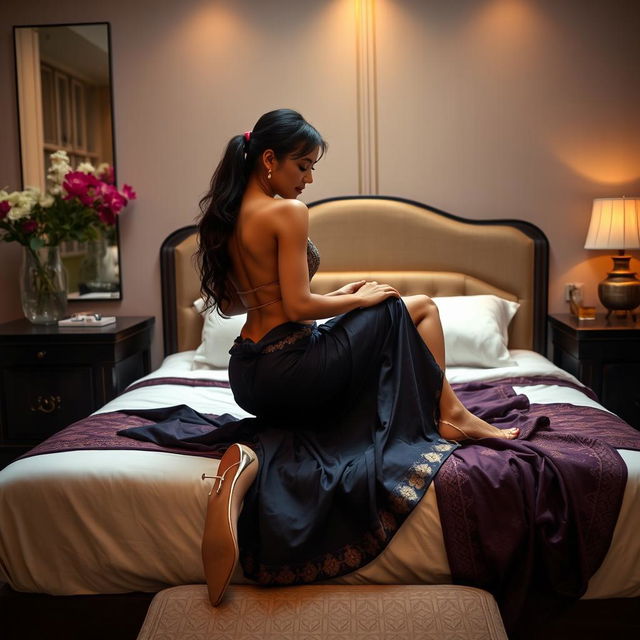 A beautiful and sexy Thai teacher with an alluring figure, dressed in a backless saree and high heels, seated on a luxurious bed romantically with her mature young adult male student