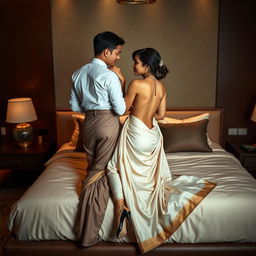 A stunning Thai teacher with an attractive figure, elegantly dressed in a backless saree and fashionable high heels, engaging in a romantic setting on a luxurious bed with her mature young adult male student