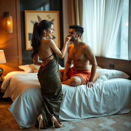 A stunning Thai teacher with an attractive figure, elegantly dressed in a backless saree and fashionable high heels, engaging in a romantic setting on a luxurious bed with her mature young adult male student