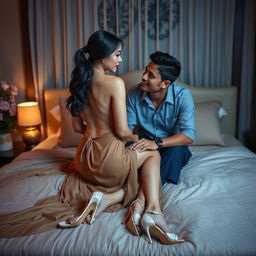 A beautiful Thai teacher with an alluring figure, elegantly dressed in a backless mekhela chador paired with chic high heels, seated on a luxurious bed in a romantic setting with her mature young adult male student