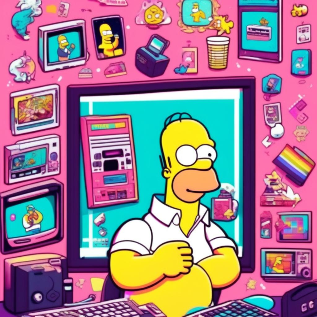 Vaporwave-styled Homer Simpson with glitching features, surrounded by internet culture symbols and memes in a retro cartoon frame.