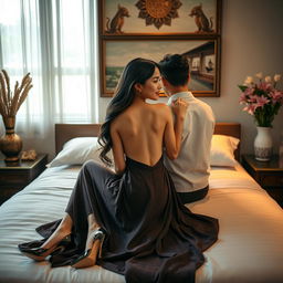 A beautiful Thai teacher with an alluring figure, elegantly dressed in a backless mekhela chador paired with chic high heels, seated on a luxurious bed in a romantic setting with her mature young adult male student