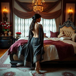 A beautiful Thai teacher with an elegant and alluring figure, wearing a backless mekhela chador and stylish high heels, featured in a romantic scene on a lavish bed with her mature young adult male student