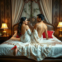 A beautiful Thai teacher with an elegant and alluring figure, wearing a backless mekhela chador and stylish high heels, featured in a romantic scene on a lavish bed with her mature young adult male student