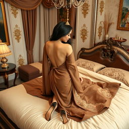 A beautiful Thai teacher with an elegant and alluring figure, wearing a backless mekhela chador and stylish high heels, featured in a romantic scene on a lavish bed with her mature young adult male student