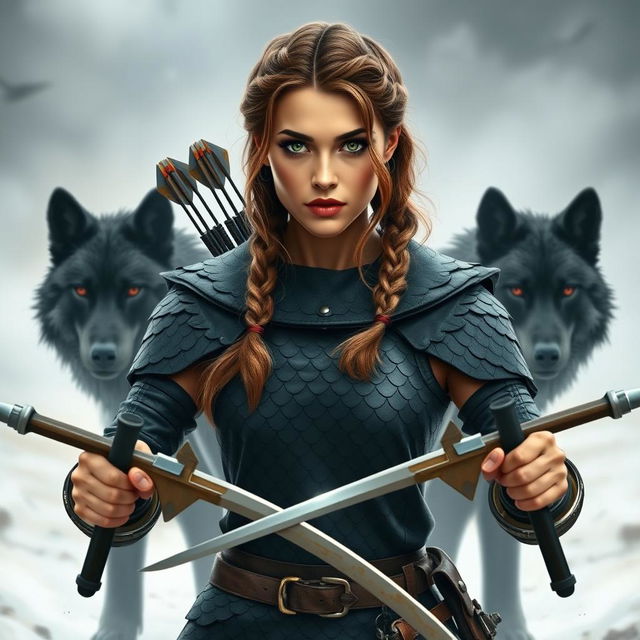 A 27-year-old bronze-skinned woman with slightly wavy brown hair styled in a Viking-inspired braided hairstyle