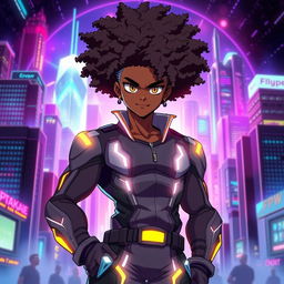 A dynamic and colorful anime cover featuring a powerful and charismatic African American character with an intricate afro hairstyle, standing confidently with a futuristic cityscape in the background