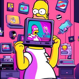 Vaporwave-styled Homer Simpson with glitching features, surrounded by internet culture symbols and memes in a retro cartoon frame.