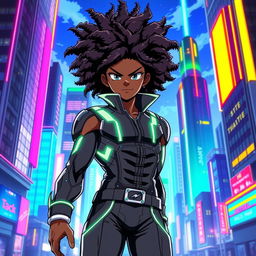 A dynamic and colorful anime cover featuring a powerful and charismatic African American character with an intricate afro hairstyle, standing confidently with a futuristic cityscape in the background