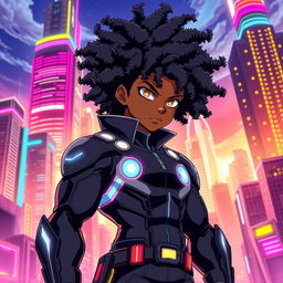 A dynamic and colorful anime cover featuring a powerful and charismatic African American character with an intricate afro hairstyle, standing confidently with a futuristic cityscape in the background