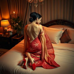 A beautiful Thai teacher with an alluring figure, elegantly attired in a backless mekhela chador complemented by stylish high heels, involved in a romantic scene on a luxurious bed with her mature young adult male student