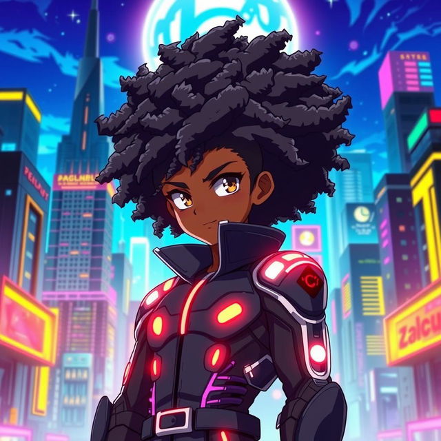 A dynamic and colorful anime cover featuring a powerful and charismatic African American character with an intricate afro hairstyle, standing confidently with a futuristic cityscape in the background