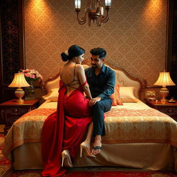 A beautiful Thai teacher with a strikingly sexy figure, elegantly donned in a backless mekhela chador and fashionable high heels, in a romantic setting on an opulent bed with her mature young adult male student