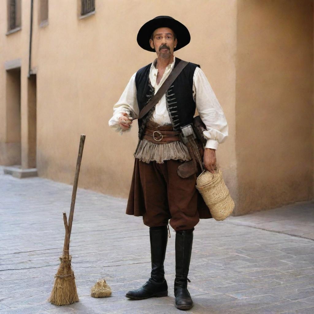 Sancho Panza, a character from Don Quixote, depicted in modern times. Traditionally dressed but interacting with common contemporary objects.