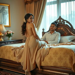 A beautiful Thai teacher with a strikingly sexy figure, elegantly donned in a backless mekhela chador and fashionable high heels, in a romantic setting on an opulent bed with her mature young adult male student