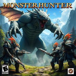 Video game cover art featuring warriors in the style of Monster Hunter, set in a lush, richly detailed fantasy landscape