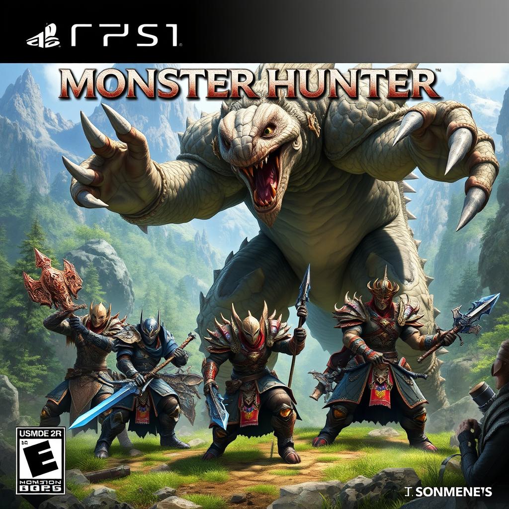 Video game cover art featuring warriors in the style of Monster Hunter, set in a lush, richly detailed fantasy landscape