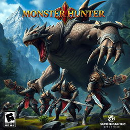 Video game cover art featuring warriors in the style of Monster Hunter, set in a lush, richly detailed fantasy landscape