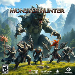 Video game cover art featuring warriors in the style of Monster Hunter, set in a lush, richly detailed fantasy landscape