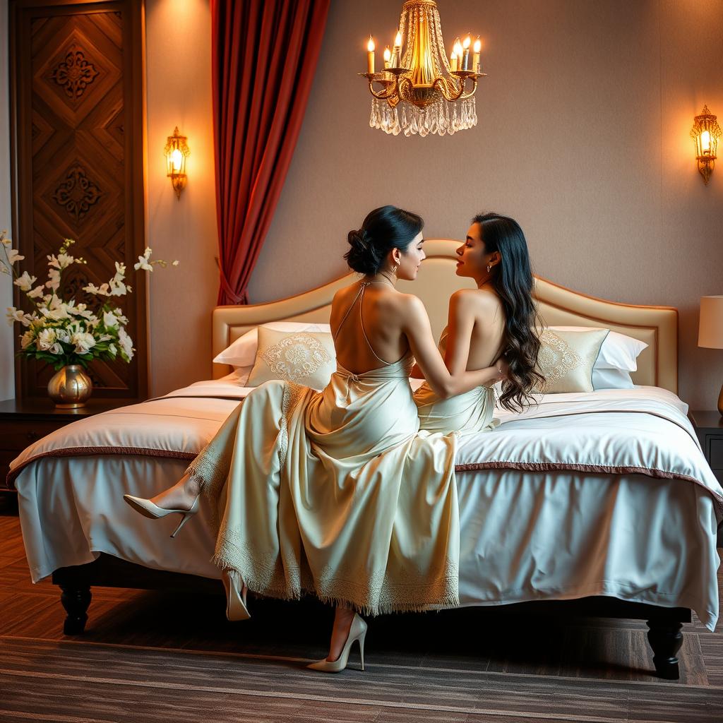 A beautiful and elegant Thai teacher with an alluring figure, gracefully wearing a backless mekhela chador and chic high heels, sharing a romantic moment on a luxurious bed with her mature young adult male student