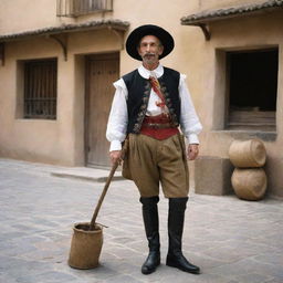 Sancho Panza, a character from Don Quixote, depicted in modern times. Traditionally dressed but interacting with common contemporary objects.