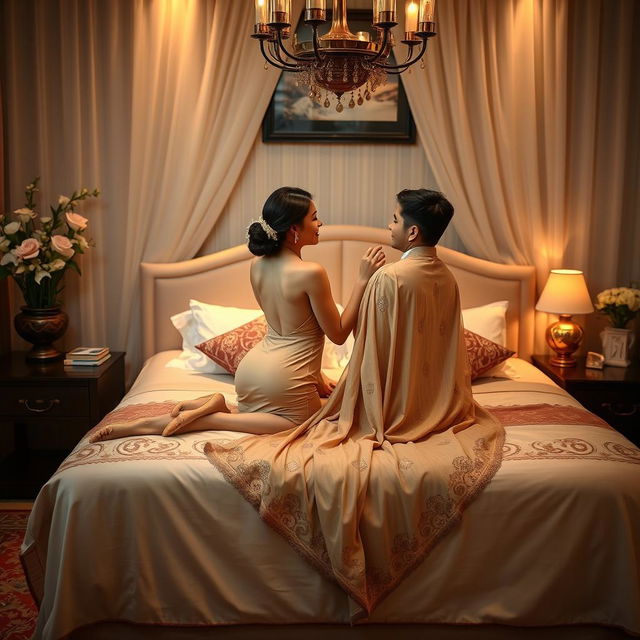 A beautiful and elegant Thai teacher with an alluring figure, gracefully wearing a backless mekhela chador and chic high heels, sharing a romantic moment on a luxurious bed with her mature young adult male student