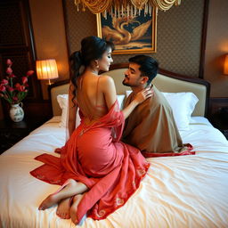 A beautiful and elegant Thai teacher with an alluring figure, gracefully wearing a backless mekhela chador and chic high heels, sharing a romantic moment on a luxurious bed with her mature young adult male student