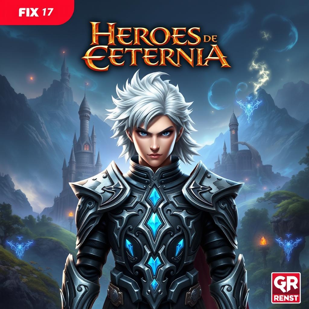 Video game cover art titled 'Héroes de Eternia', featuring a valiant hero with striking silver hair, standing boldly in the center