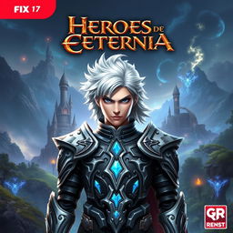 Video game cover art titled 'Héroes de Eternia', featuring a valiant hero with striking silver hair, standing boldly in the center