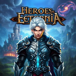 Video game cover art titled 'Héroes de Eternia', featuring a valiant hero with striking silver hair, standing boldly in the center