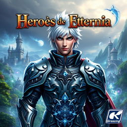 Video game cover art titled 'Héroes de Eternia', featuring a valiant hero with striking silver hair, standing boldly in the center